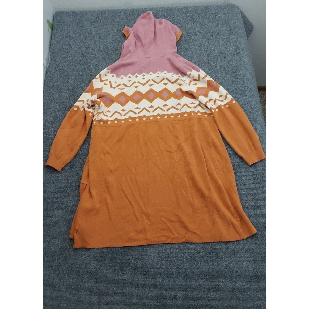 Torrid Cardigan Sweater womens 2X Orange Aztec Drawstring Long Hooded Pockets - Picture 3 of 11